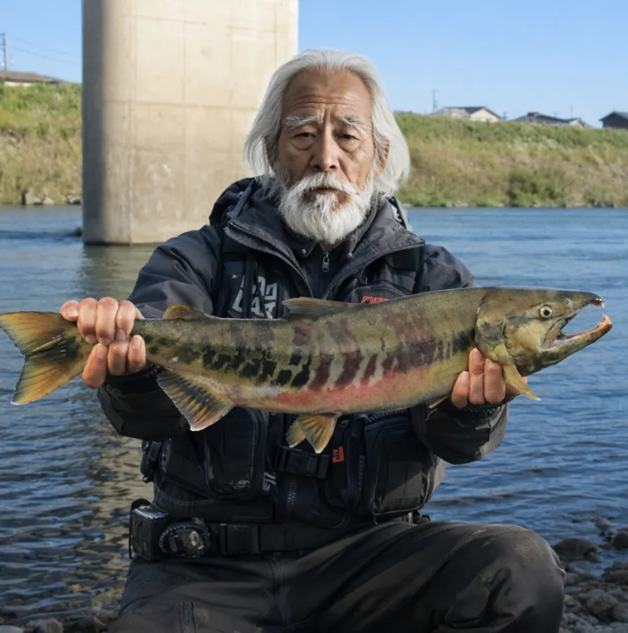 五十嵐川でサケの釣果を得た米田.webp