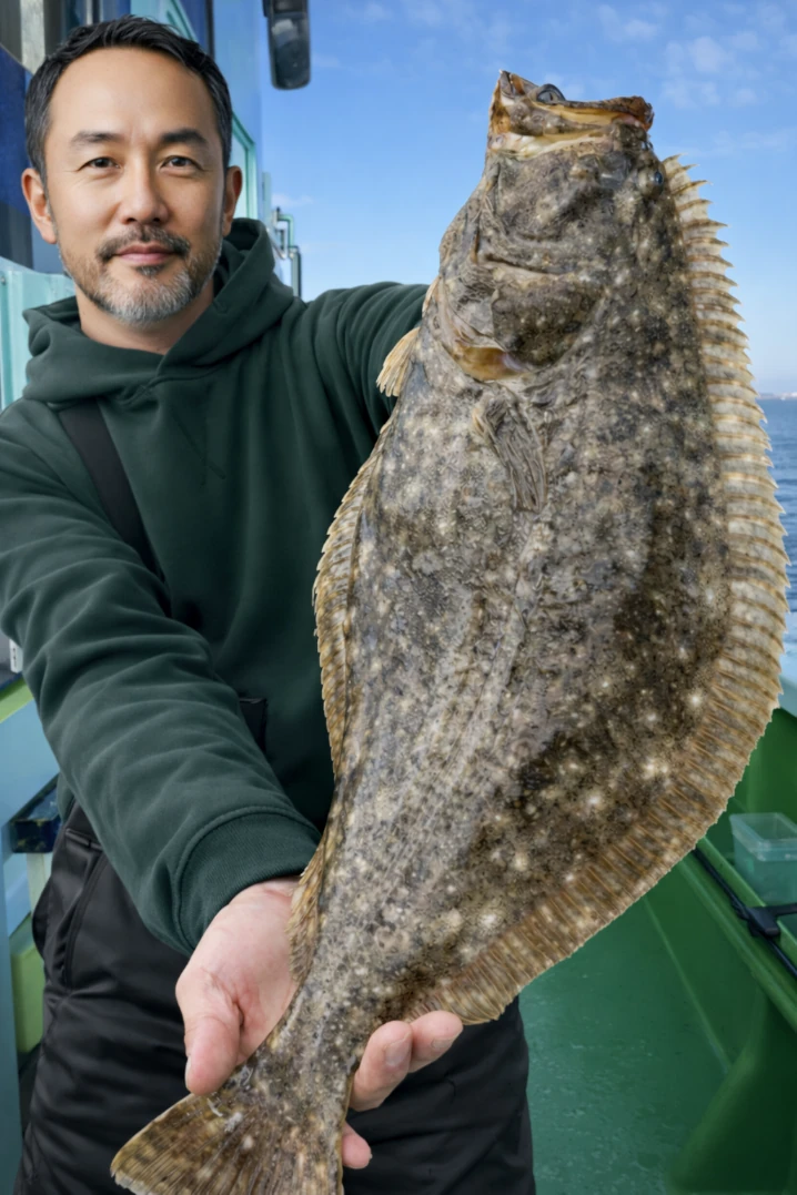 仙台湾でヒラメの釣果を得た渡辺.webp