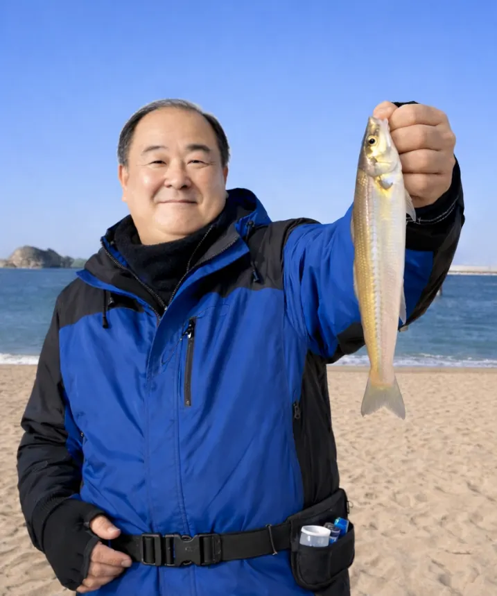 伏野海岸でシロギスの釣果を得た持田.webp
