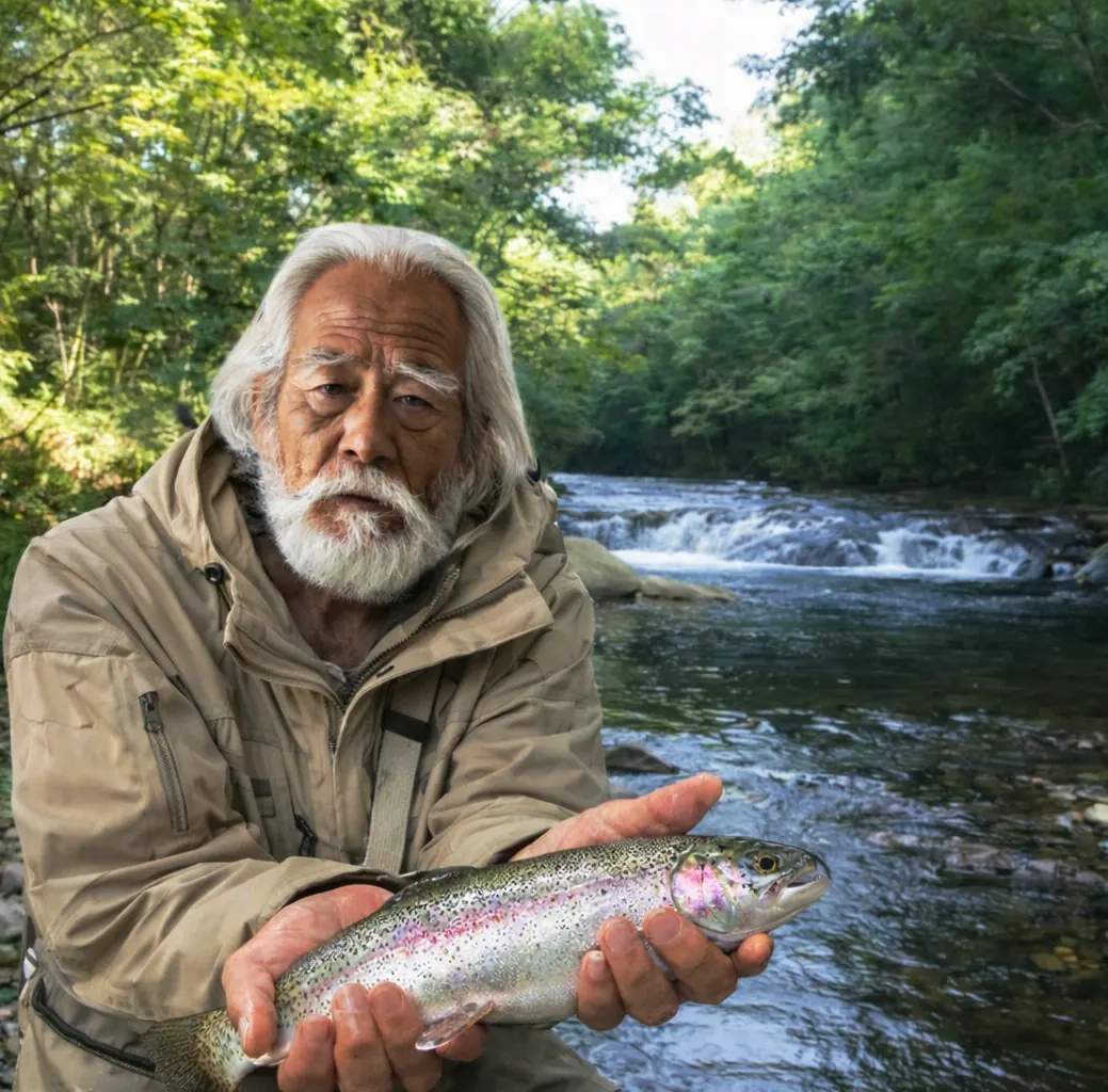 佐幌川でニジマスの釣果を得た米田.webp