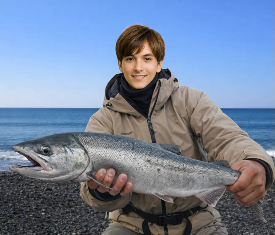初山別川河口でサケの釣果を得た久良木.webp