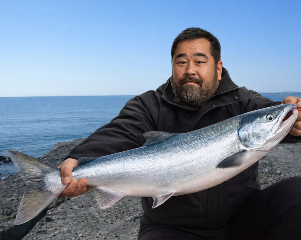 別々川河口でサケの釣果を得た楢崎.webp