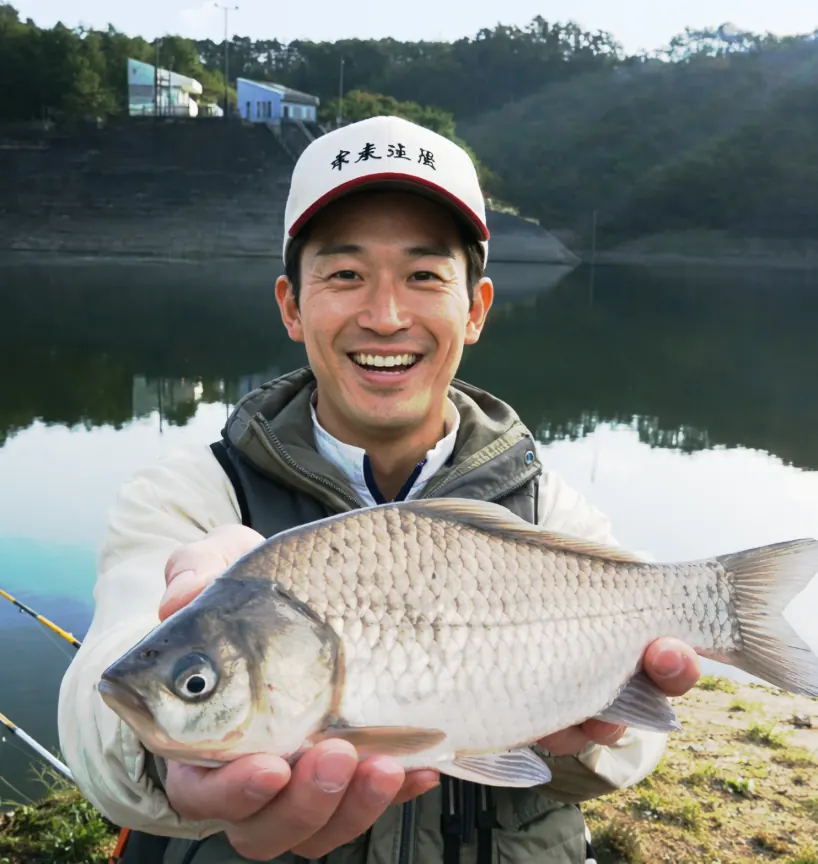 前川ダムでヘラブナの釣果を得た勝田.webp