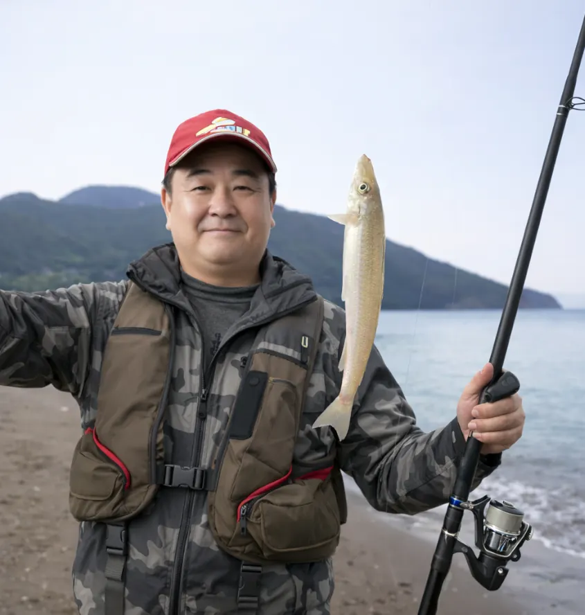 千々石海岸でシロギスの釣果を得た持田.webp
