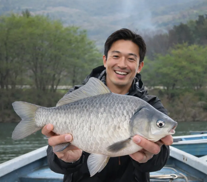 千代田湖でヘラブナの釣果を得た勝田.webp