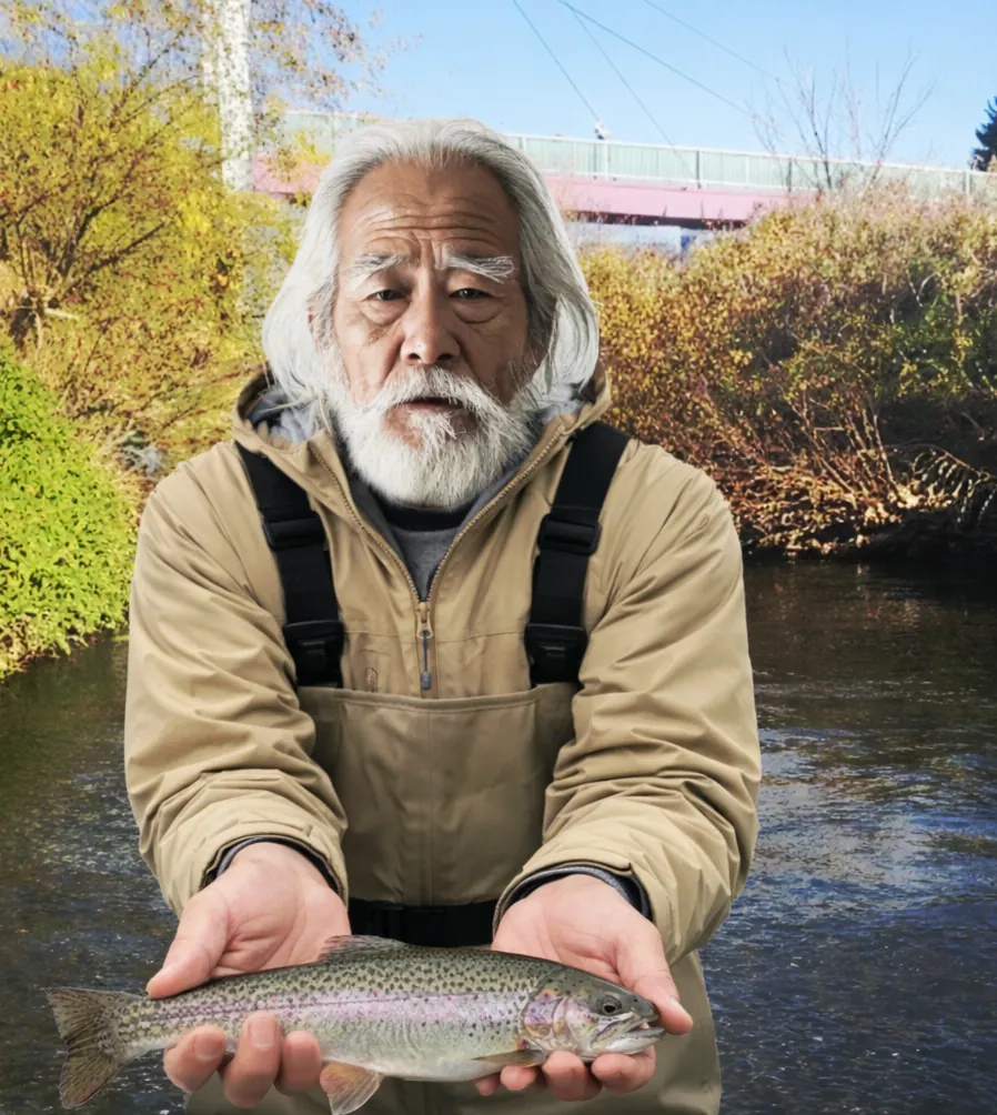厚別川でニジマスの釣果を得た米田.webp