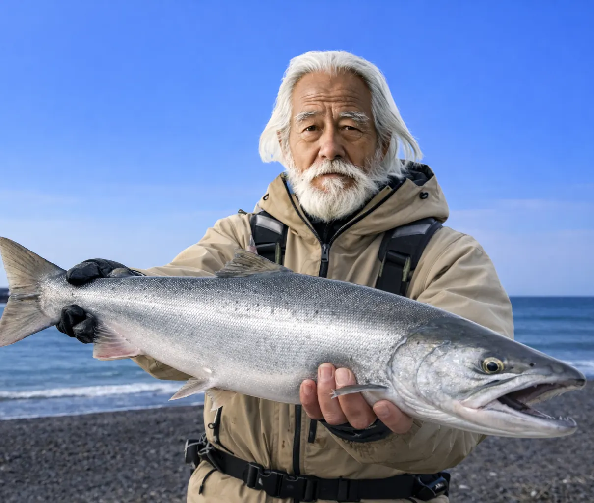 厚田川河口でサケの釣果を得た米田.webp