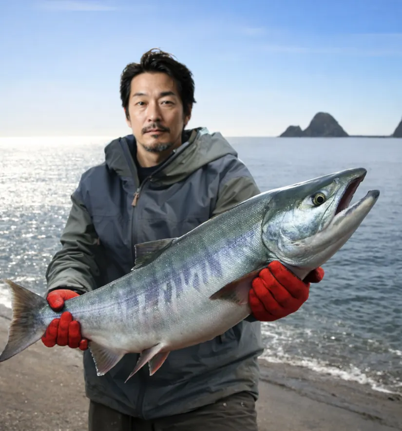 原木川河口でサケの釣果を得た佐々木.webp