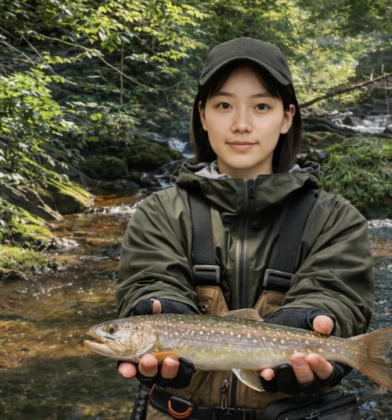 古丹別川でイワナの釣果を得た森永.webp