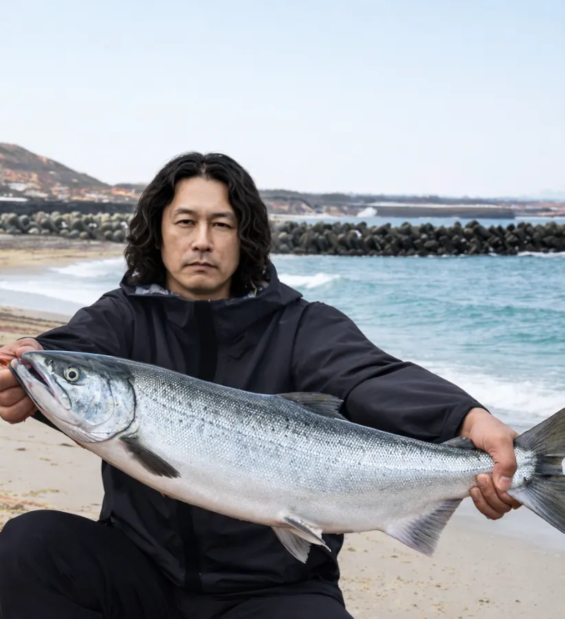 堀株川河口でサケの釣果を得た岸本.webp