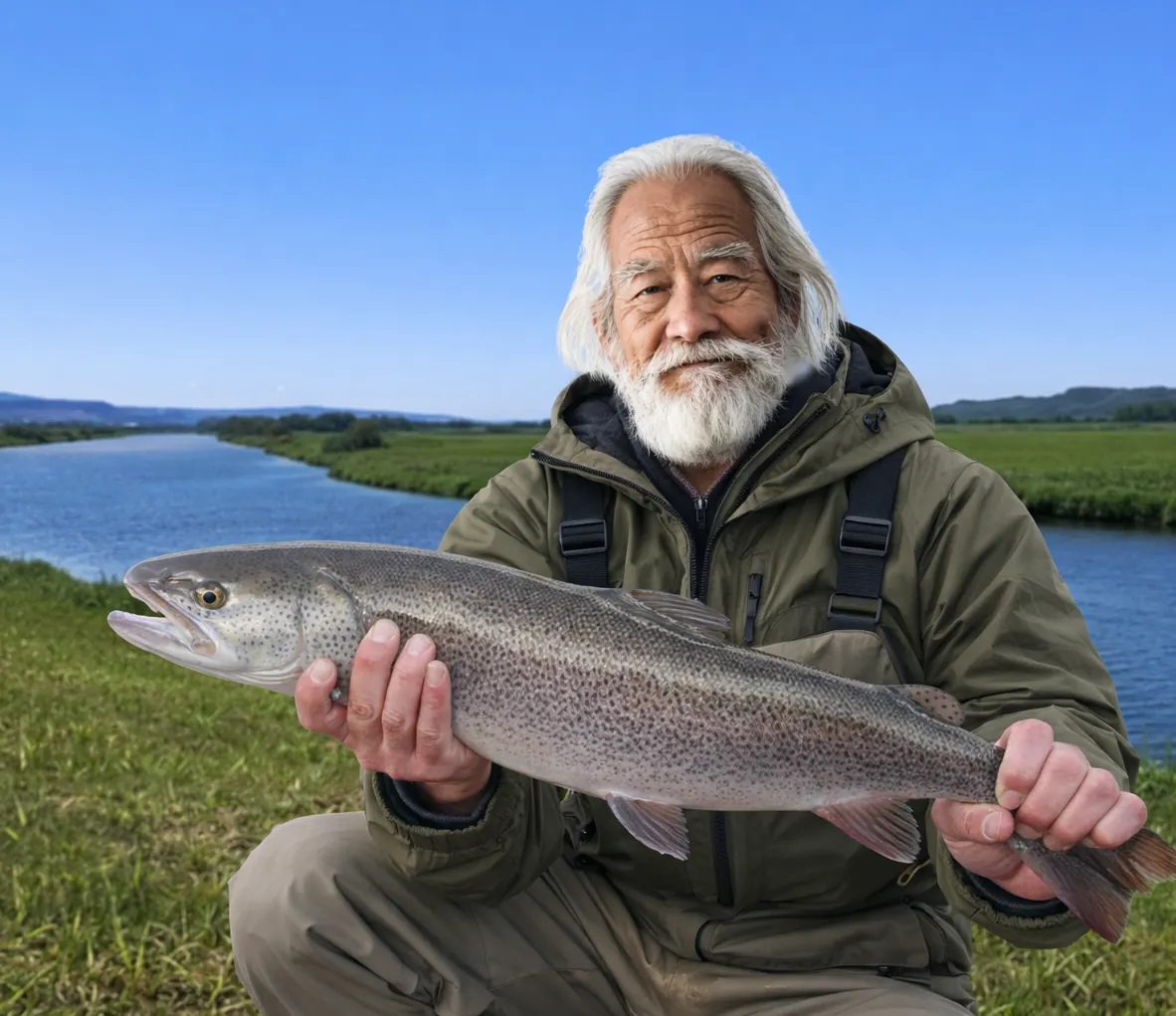 声問川でイトウの釣果を得た米田.webp