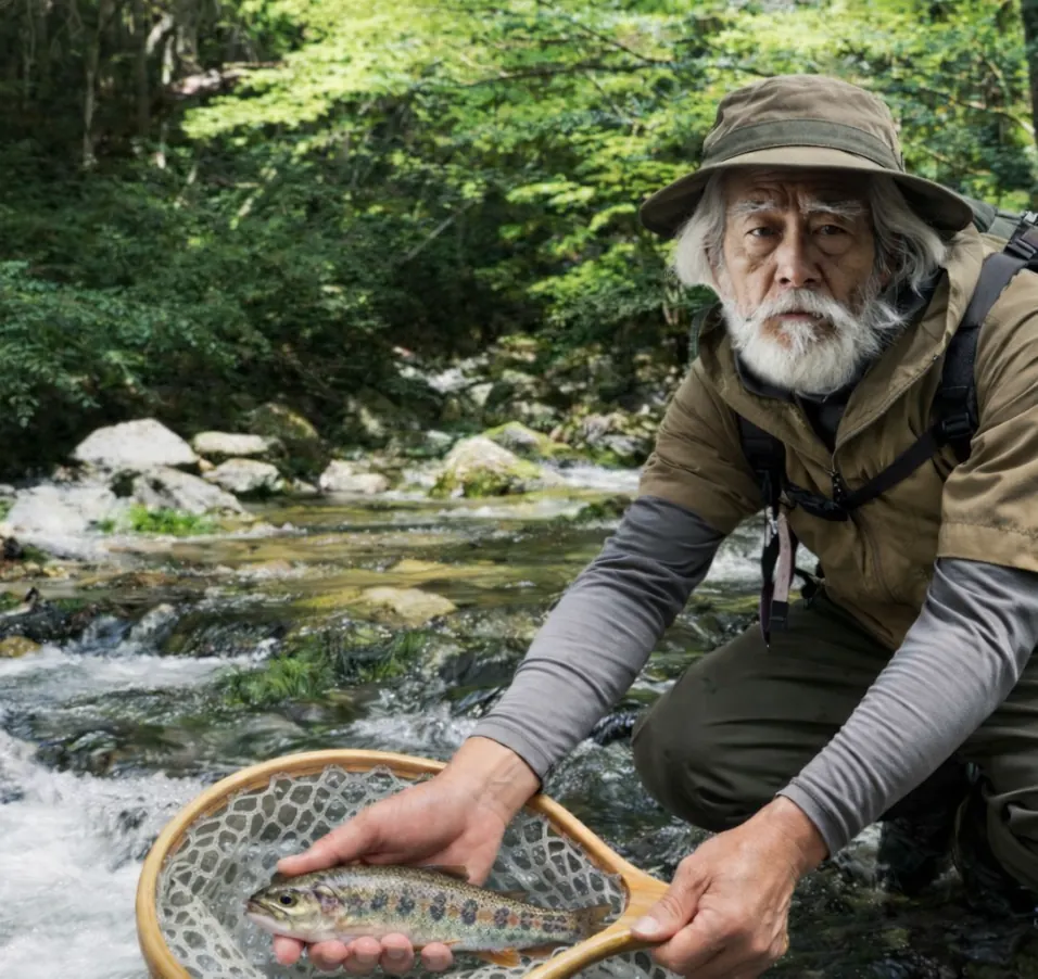 大北川でヤマメの釣果を得た米田.webp