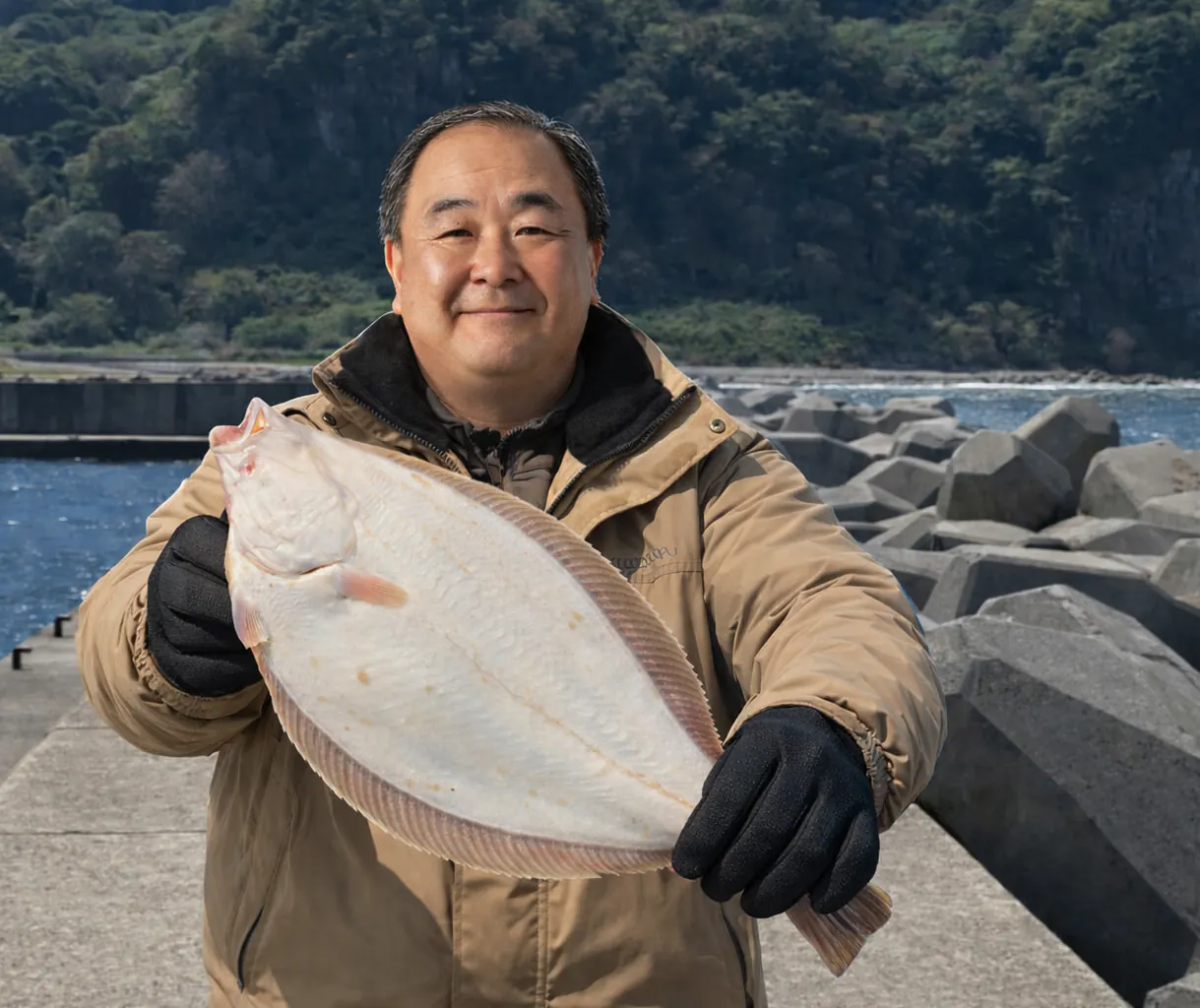 大岸漁港でカレイの釣果を得た持田.webp