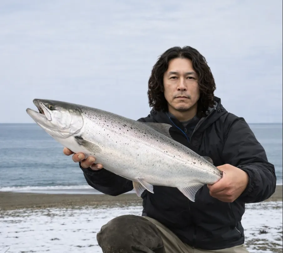 大椴海岸でサクラマスの釣果を得た岸本.webp