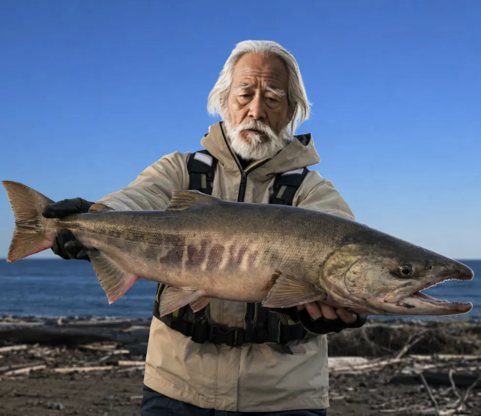 大楽毛海岸でサケの釣果を得た米田.webp