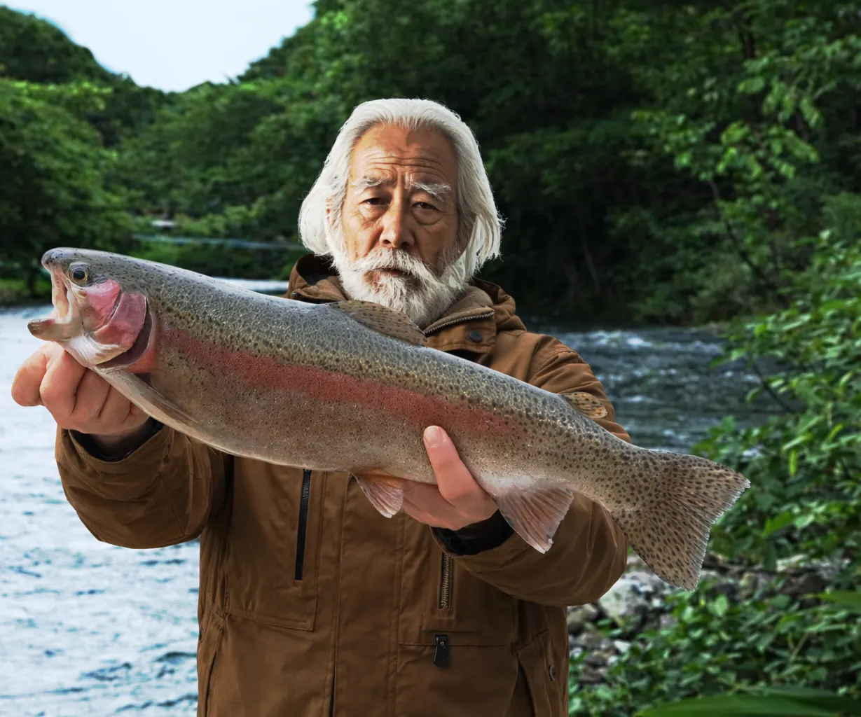 大槌川でニジマスの釣果を得た米田.webp