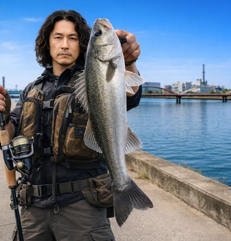 天白川でシーバスの釣果を得た岸本.webp
