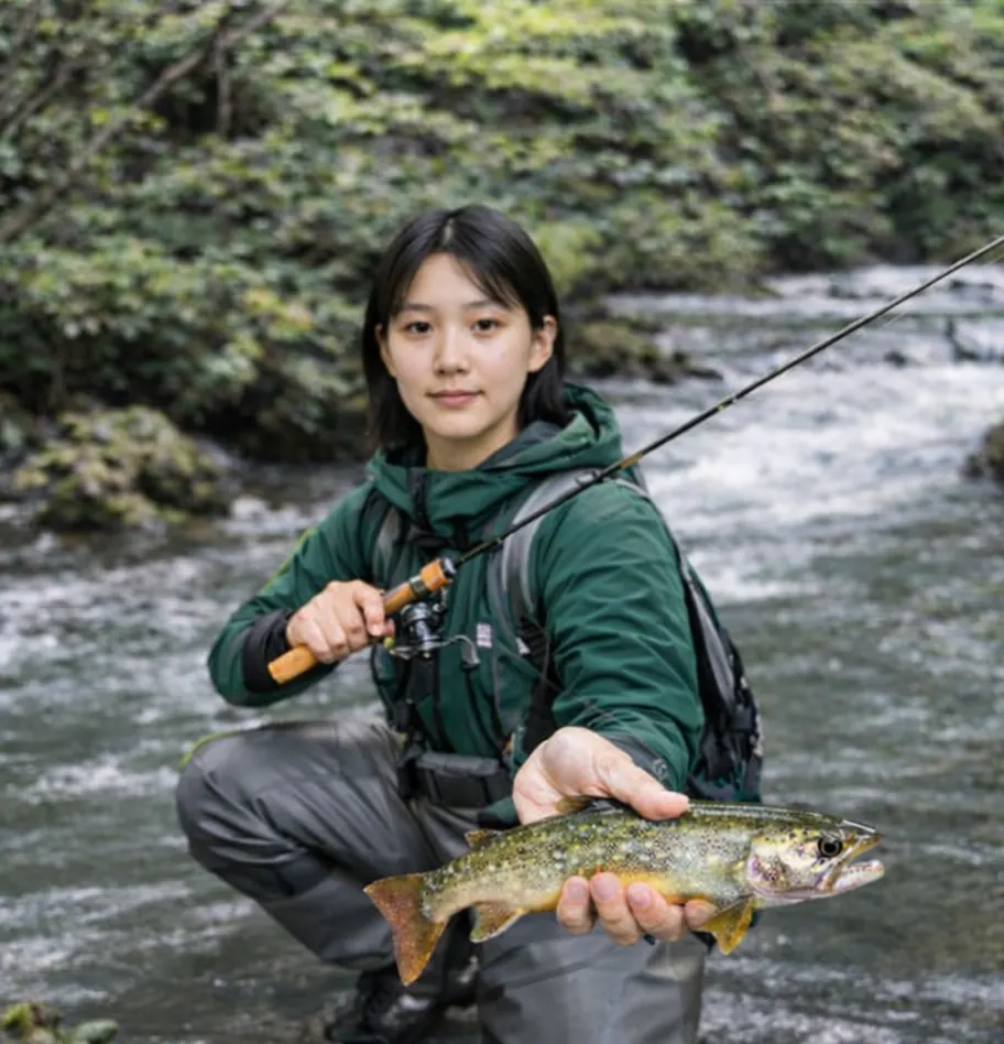 奥入瀬川でイワナの釣果を得た森永.webp