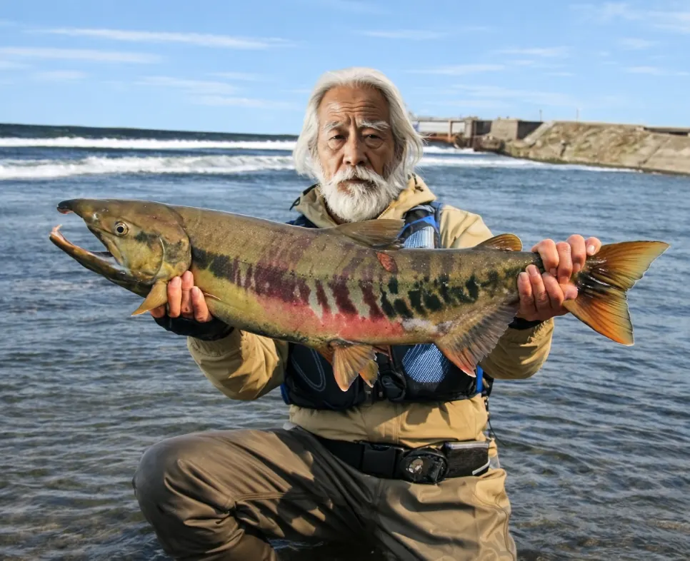 奥入瀬川でサケの釣果を得た米田.webp