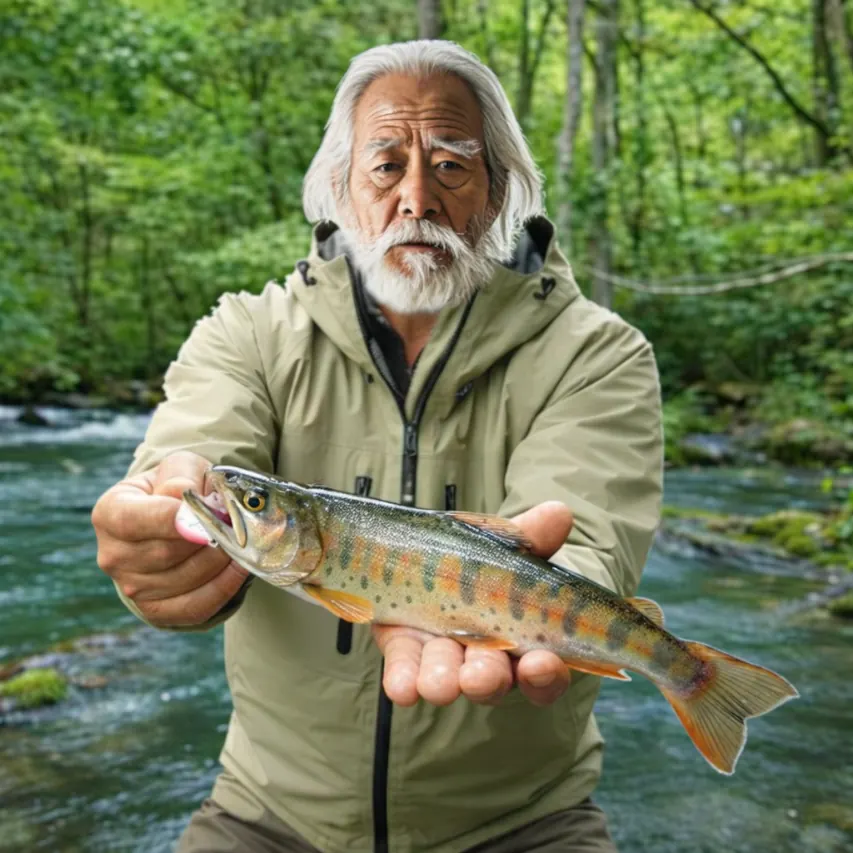 奥入瀬川でヤマメの釣果を得た米田.webp
