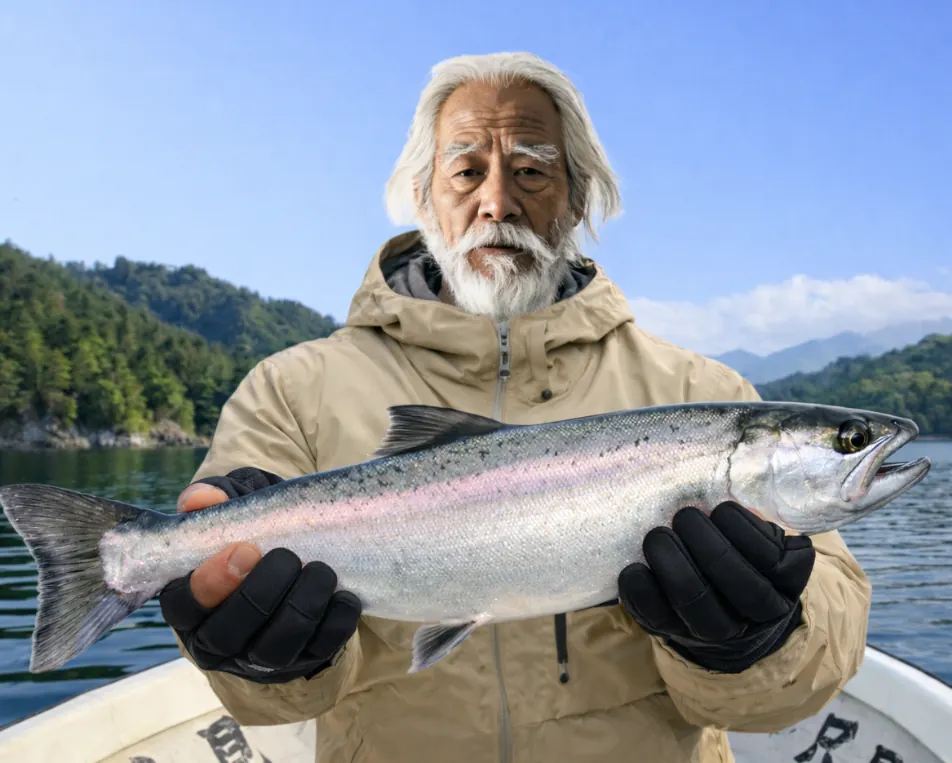 奥只見湖でサクラマスの釣果を得た米田.webp