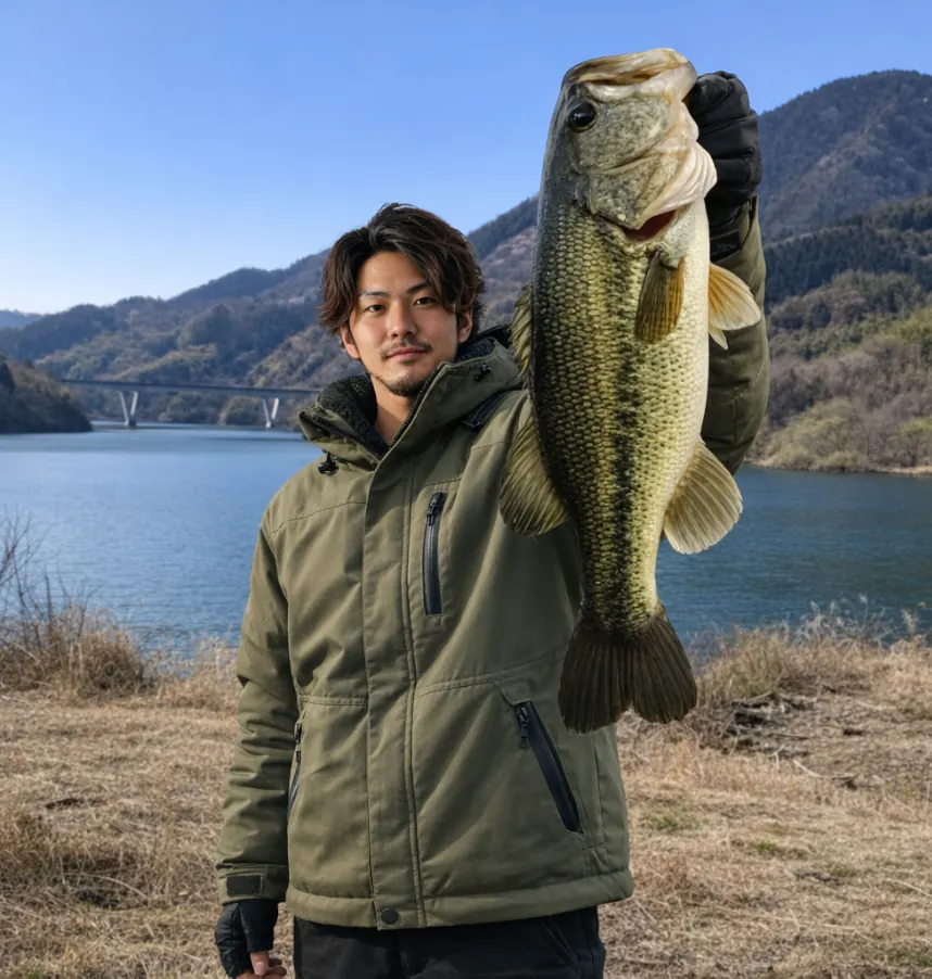 奥津湖でブラックバスの釣果を得た澤田.webp