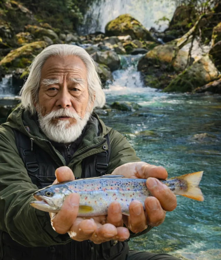 宇久須川でアマゴの釣果を得た米田.webp