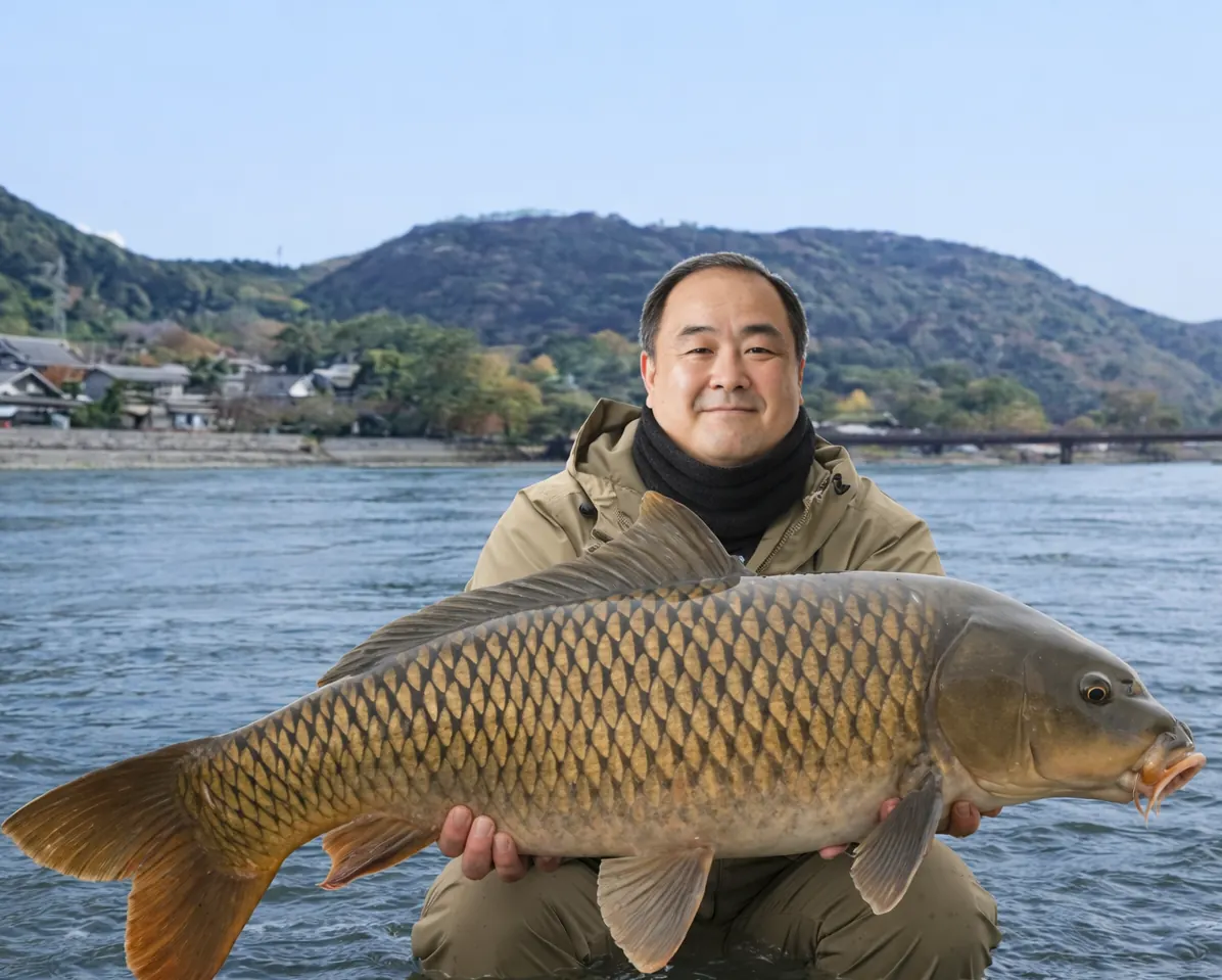 宇治川でコイの釣果を得た持田.webp