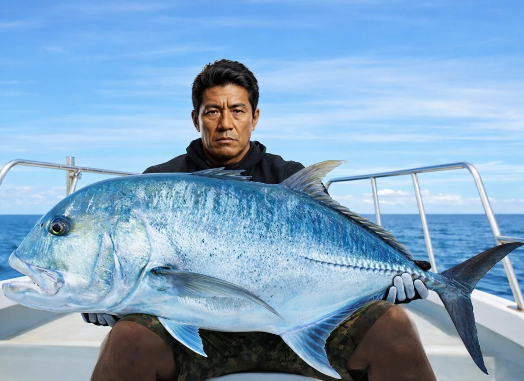 宮古島沖でロウニンアジの釣果を得た北方.webp