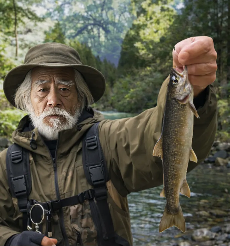 小八賀川でイワナの釣果を得た米田.webp
