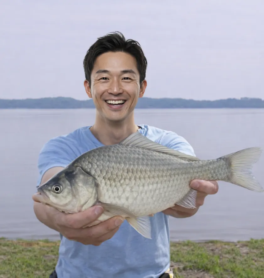 小川原湖でヘラブナの釣果を得た勝田.webp