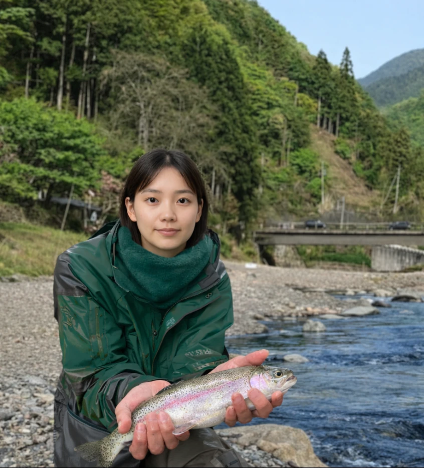 小菅フィッシングヴィレッジでニジマスの釣果を得た森永.webp