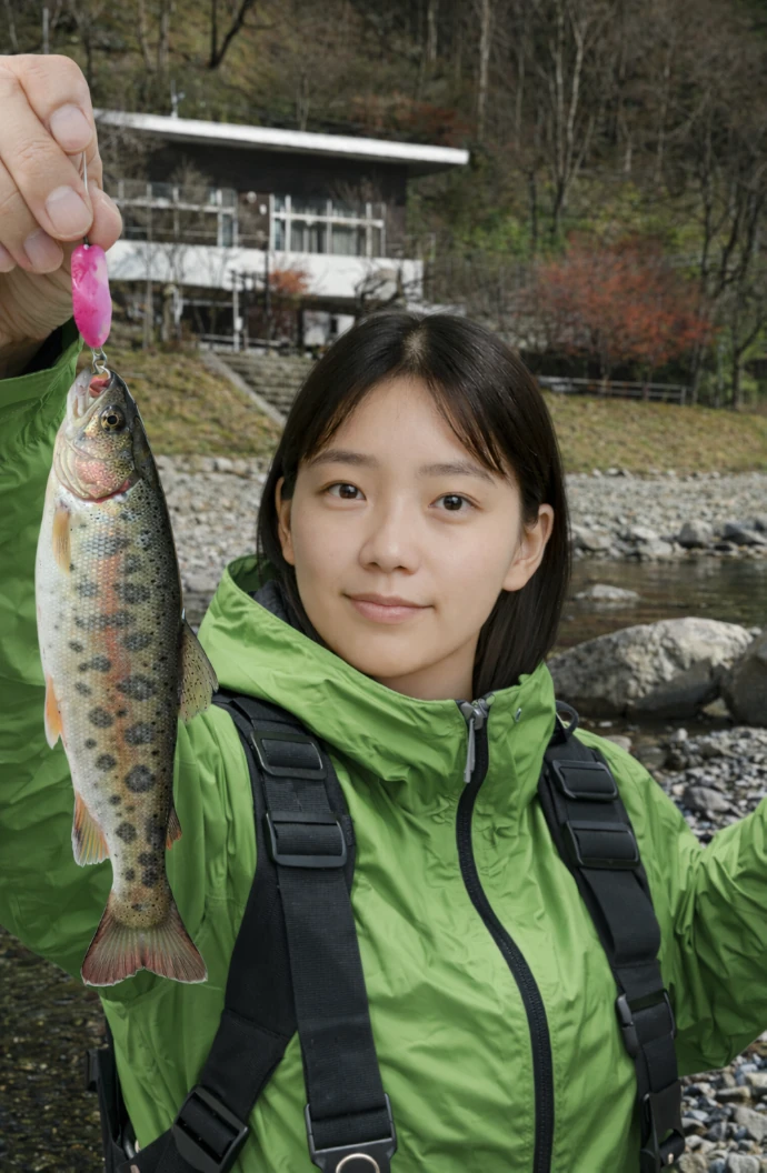 小菅フィッシングヴィレッジでヤマメの釣果を得た森永.webp