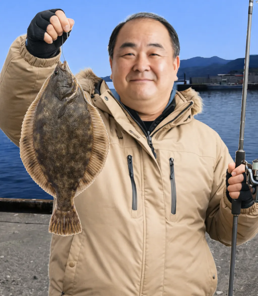 尾札部漁港でカレイの釣果を得た持田.webp