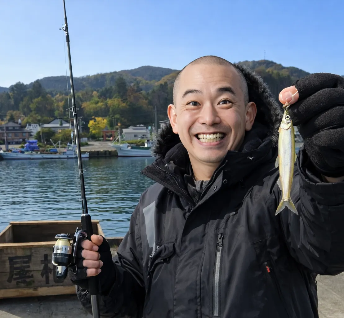 尾札部漁港でチカの釣果を得たがんだま君.webp