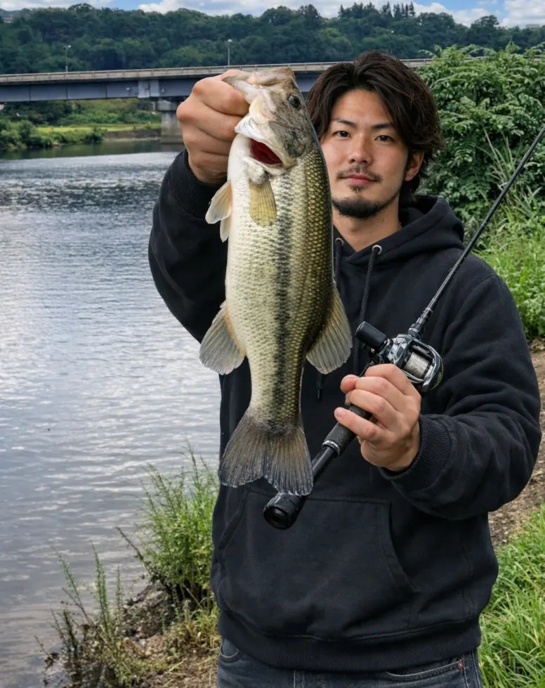 島田湖でブラックバスの釣果を得た澤田.webp