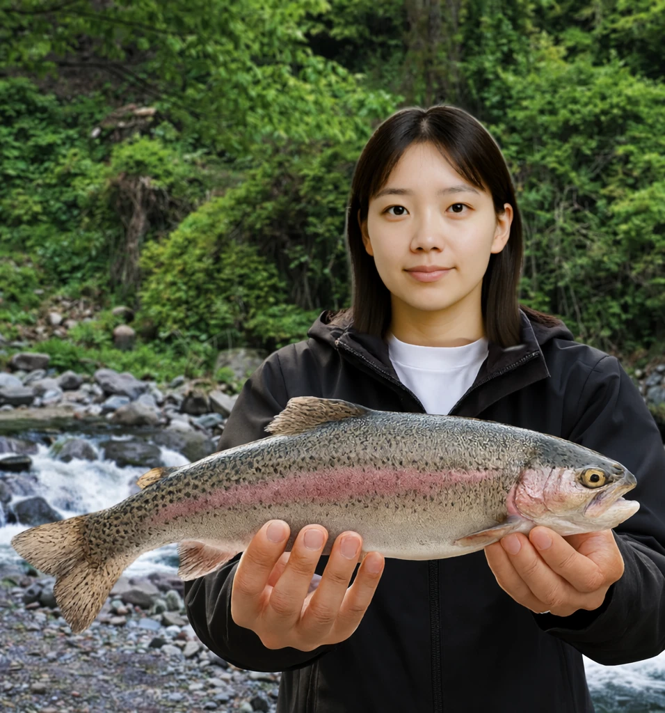 川俣川渓流釣り場でニジマスの釣果を得た森永.webp