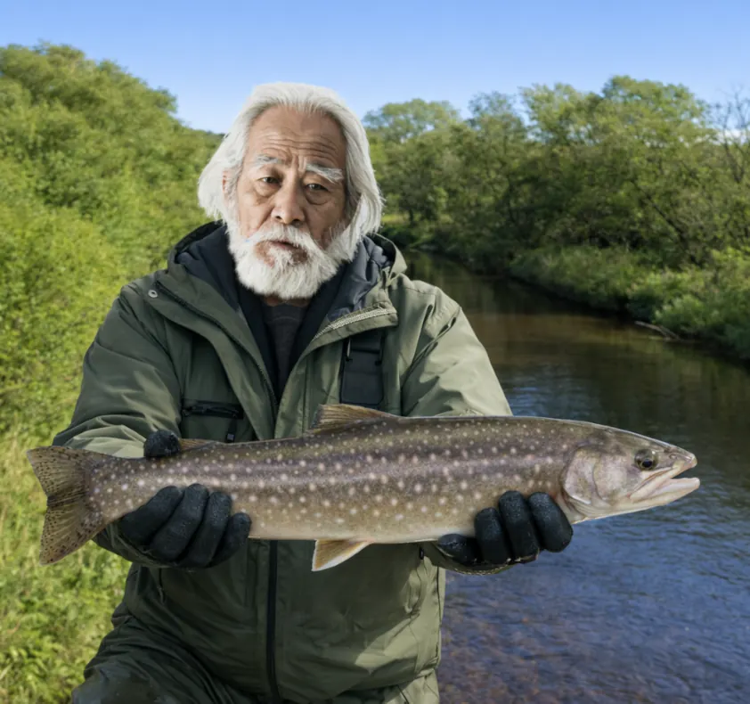 常呂川でアメマスの釣果を得た米田.webp