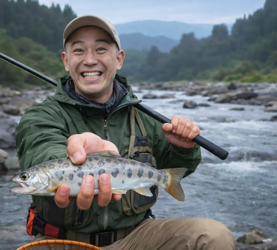 常願寺川でヤマメの釣果を得たがんだま君.webp