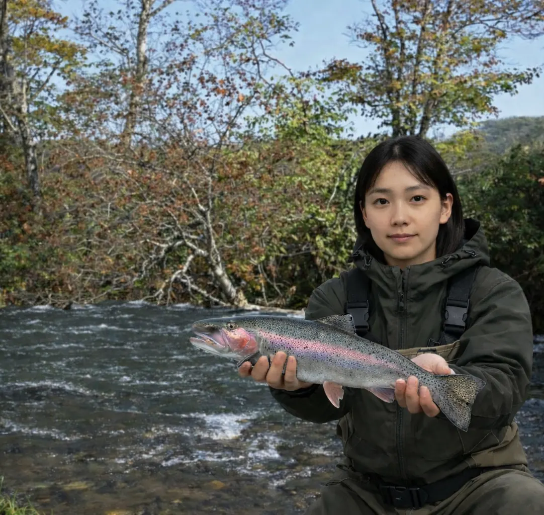後志利別川でニジマスの釣果を得た森永.webp