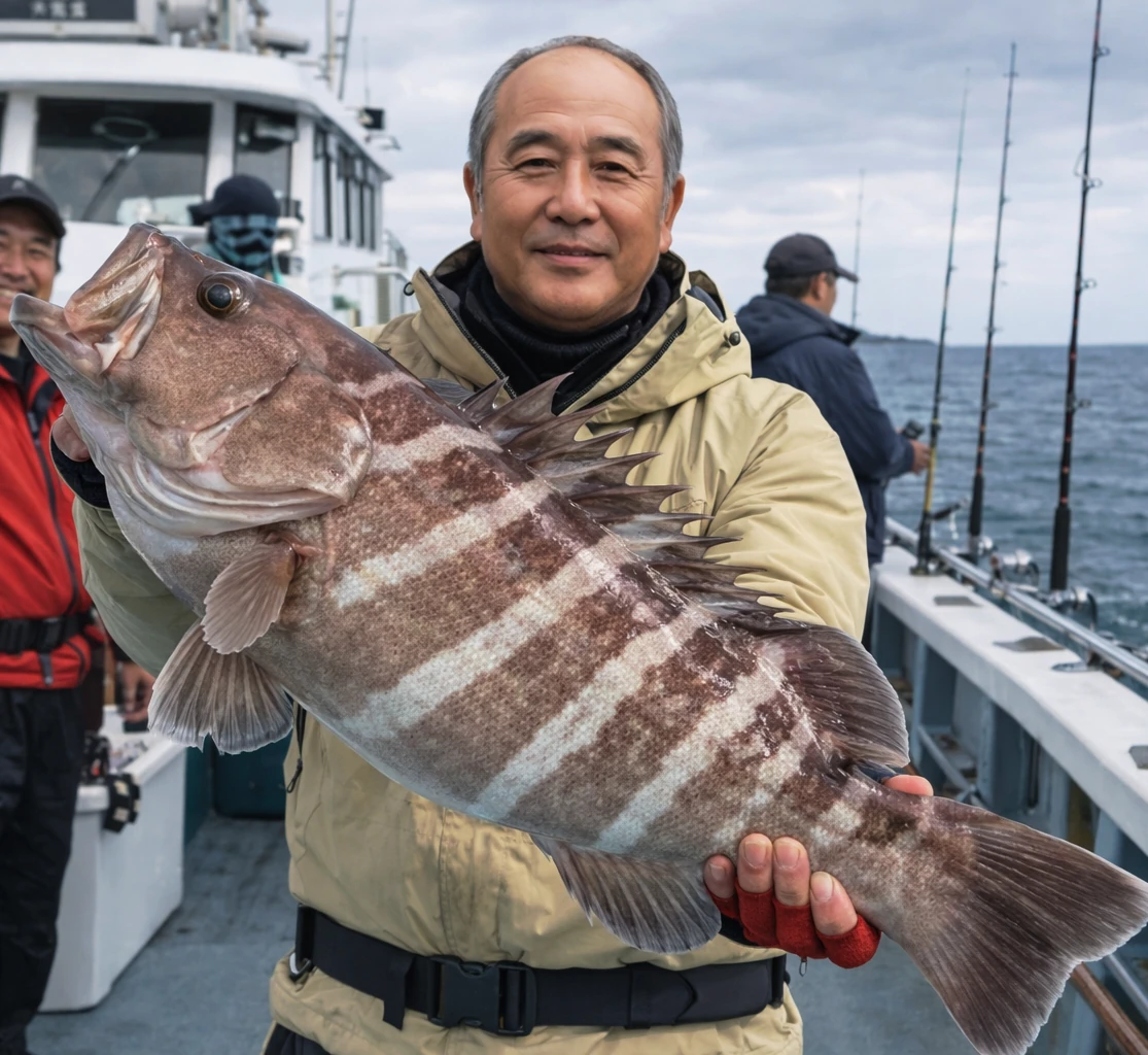 御前崎沖でマハタの釣果を得た田能村.webp