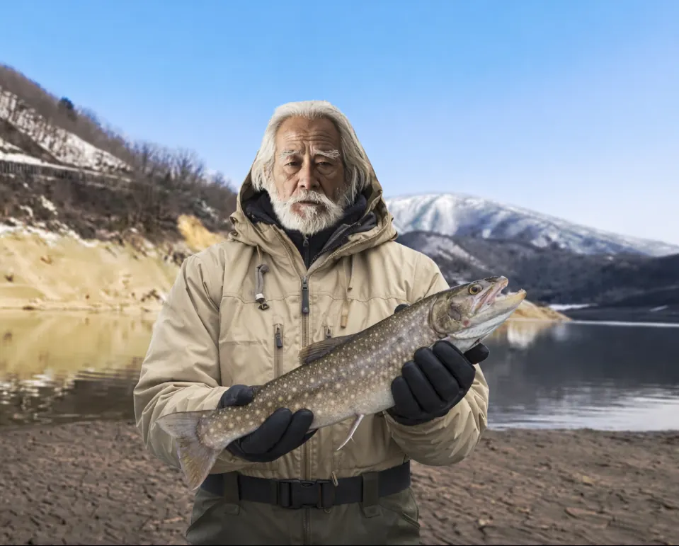 御母衣湖でイワナの釣果を得た米田.webp