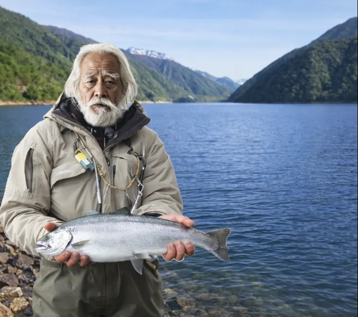 御母衣湖でサクラマスの釣果を得た米田.webp