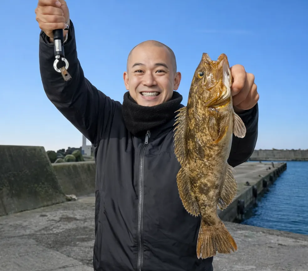志海苔漁港でアイナメの釣果を得たがんだま君.webp
