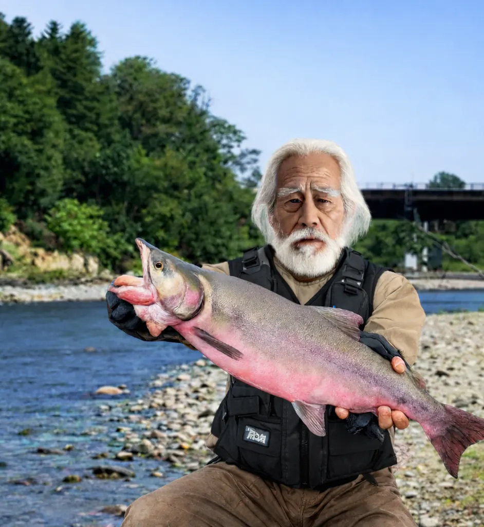 忠類川でカラフトマスの釣果を得た米田.webp