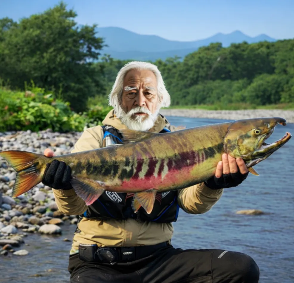 忠類川でサケの釣果を得た米田.webp