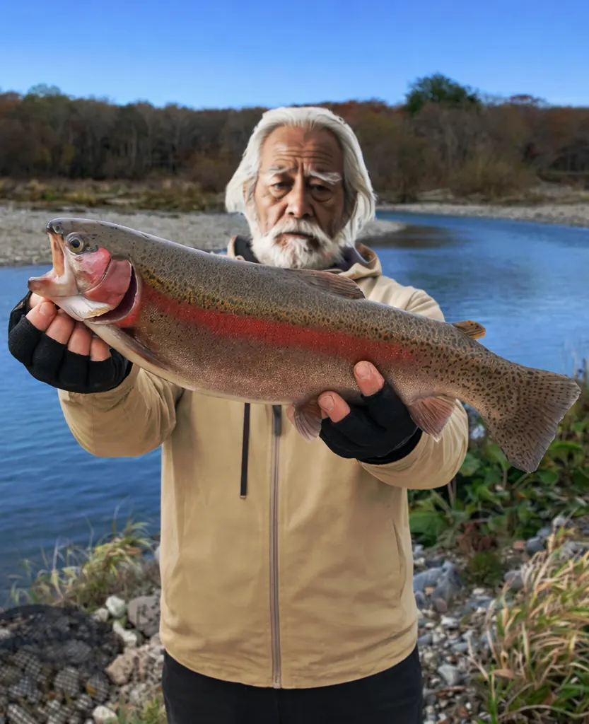 忠類川でニジマスの釣果を得た米田.webp