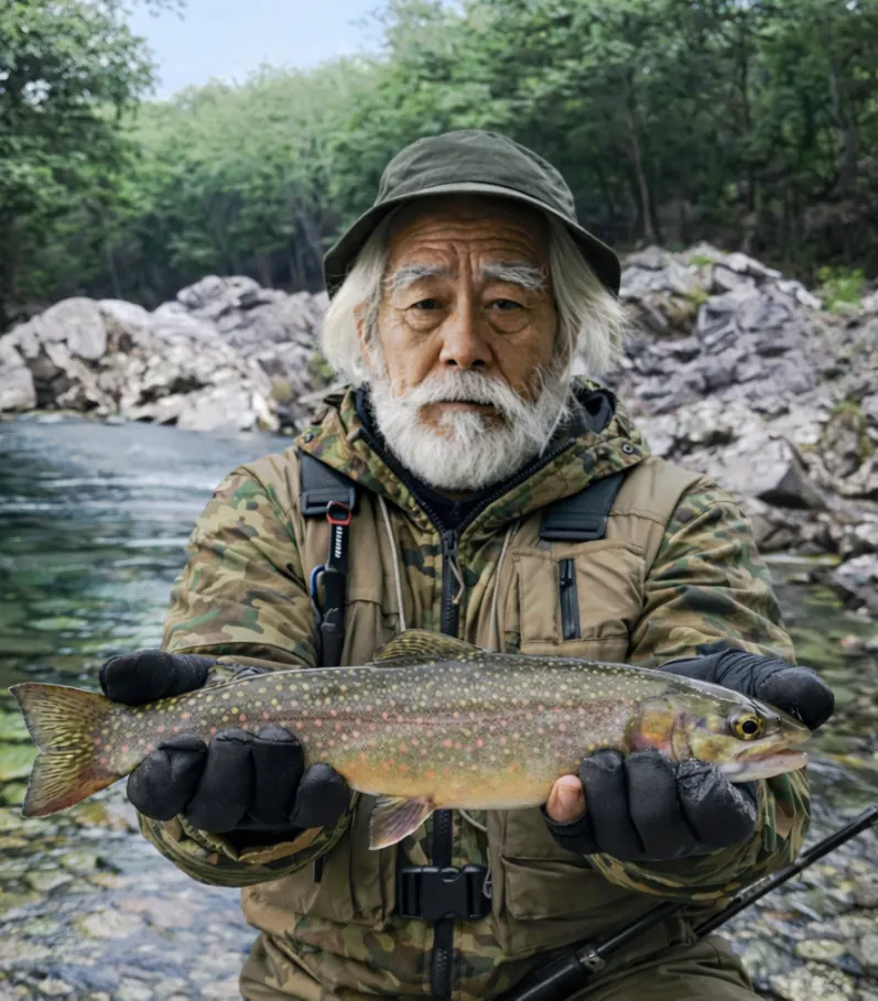戸蔦別川でオショロコマの釣果を得た米田.webp