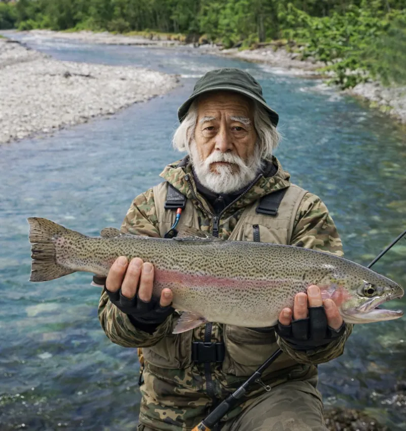 戸蔦別川でニジマスの釣果を得た米田.webp