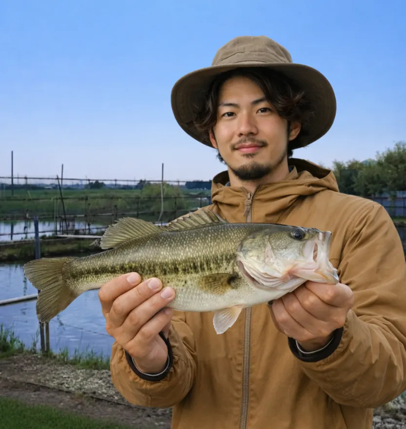 放年園でブラックバスの釣果を得た澤田.webp